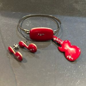 Set of musically inspired enamel earrings, brooch & bracelet. Brooch is signed